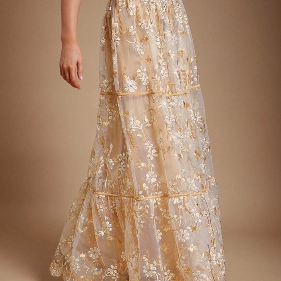 White Boho Women's Embroidered Floral Mesh Drawstring Tiered Flowy Maxi Skirt - Picture 4 of 6